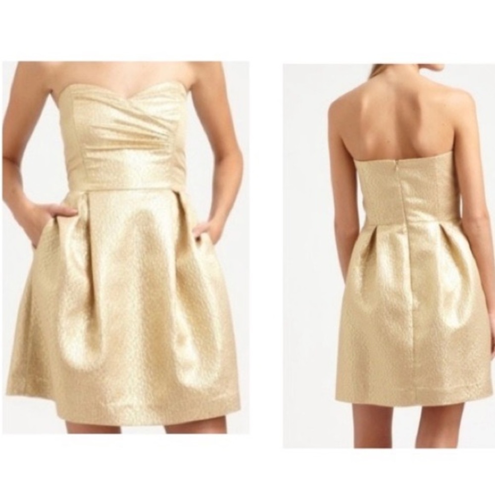 Shoshanna Jacquard Strapless Gold Cocktail Dress